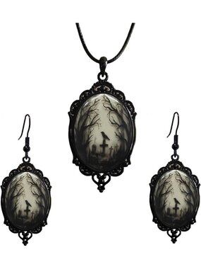 Vintage Gothic Raven Bat Witch Jewelry Set Cameo Necklace Earrings- A5:Raven